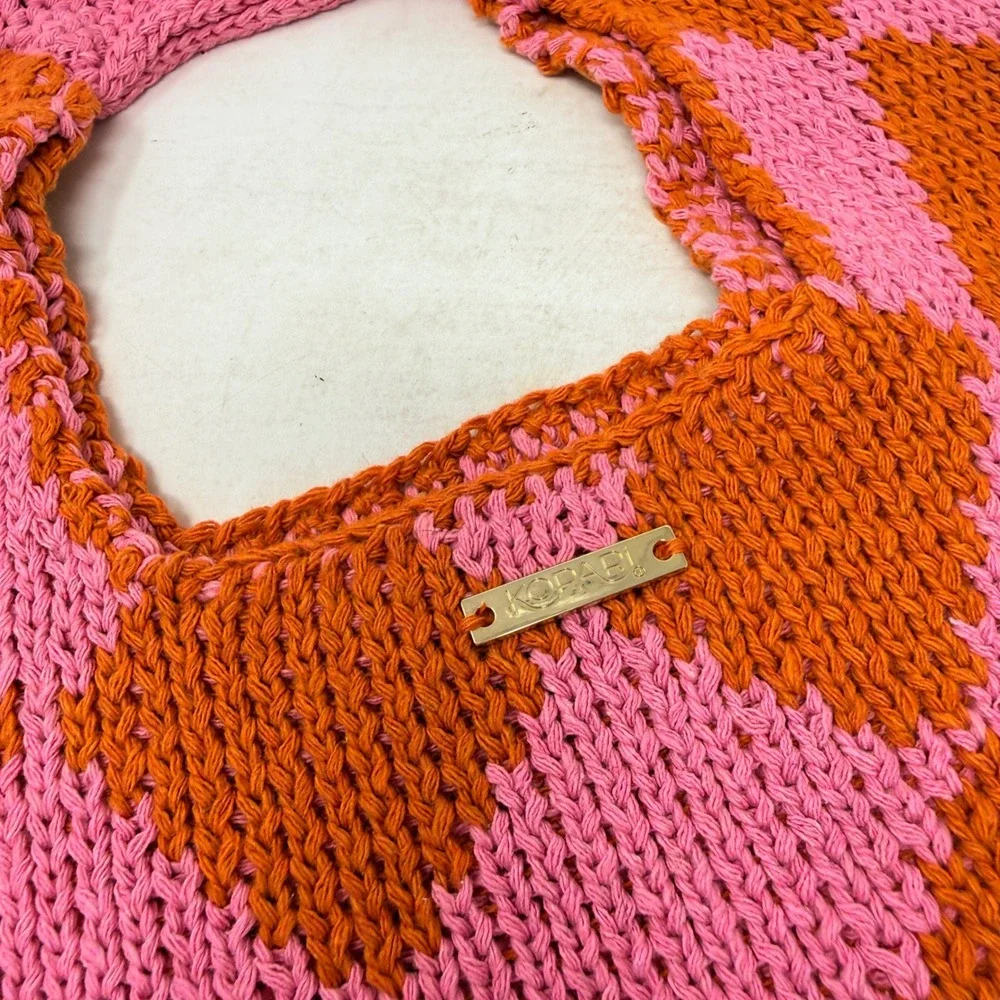 Kopari Pink Orange Checkered Knit Tote Bag Harlequin Pattern Top Handle Bag